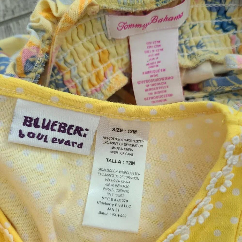 Tommy Bahama & Blueberi Boulevard yellow Tropical & Polka Dot baby dresses 12M